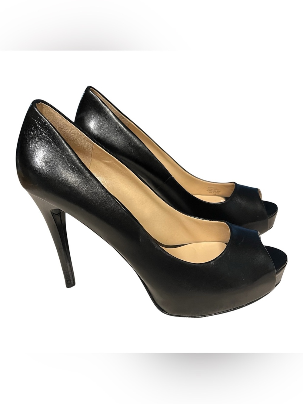 Guess Womens Patches3 Black Leather Sz 8.5 Peep Toe Platform Stiletto Pumps EUC